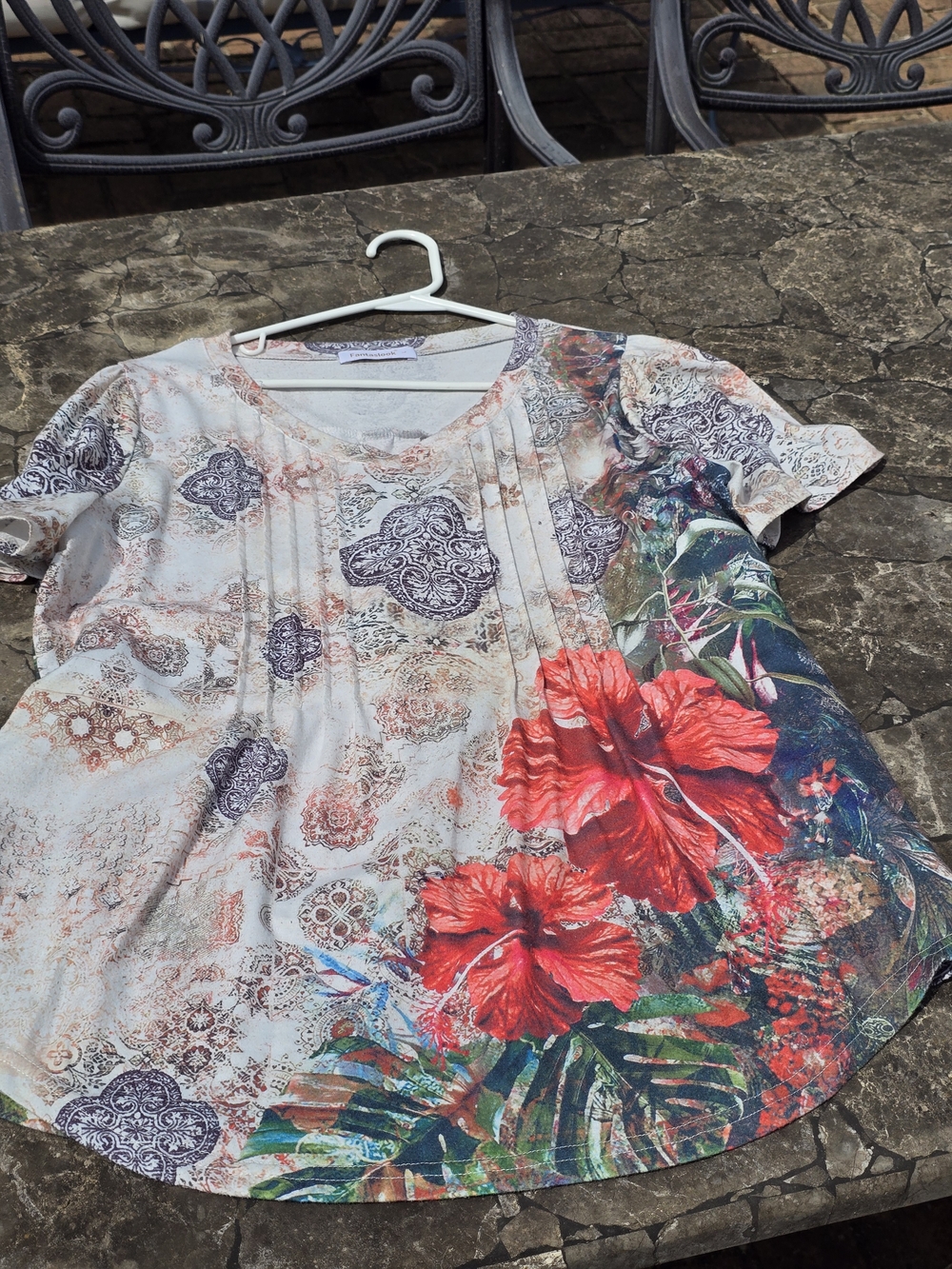 Floral Short Sleeve Tee with Red Hibiscus Detail